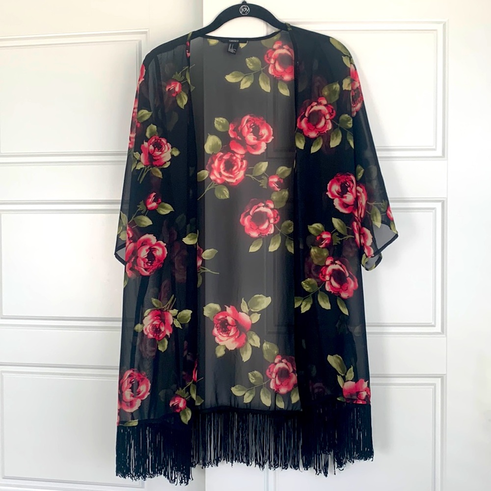 Forever21 Sheer Floral Kimono with Fringe size S